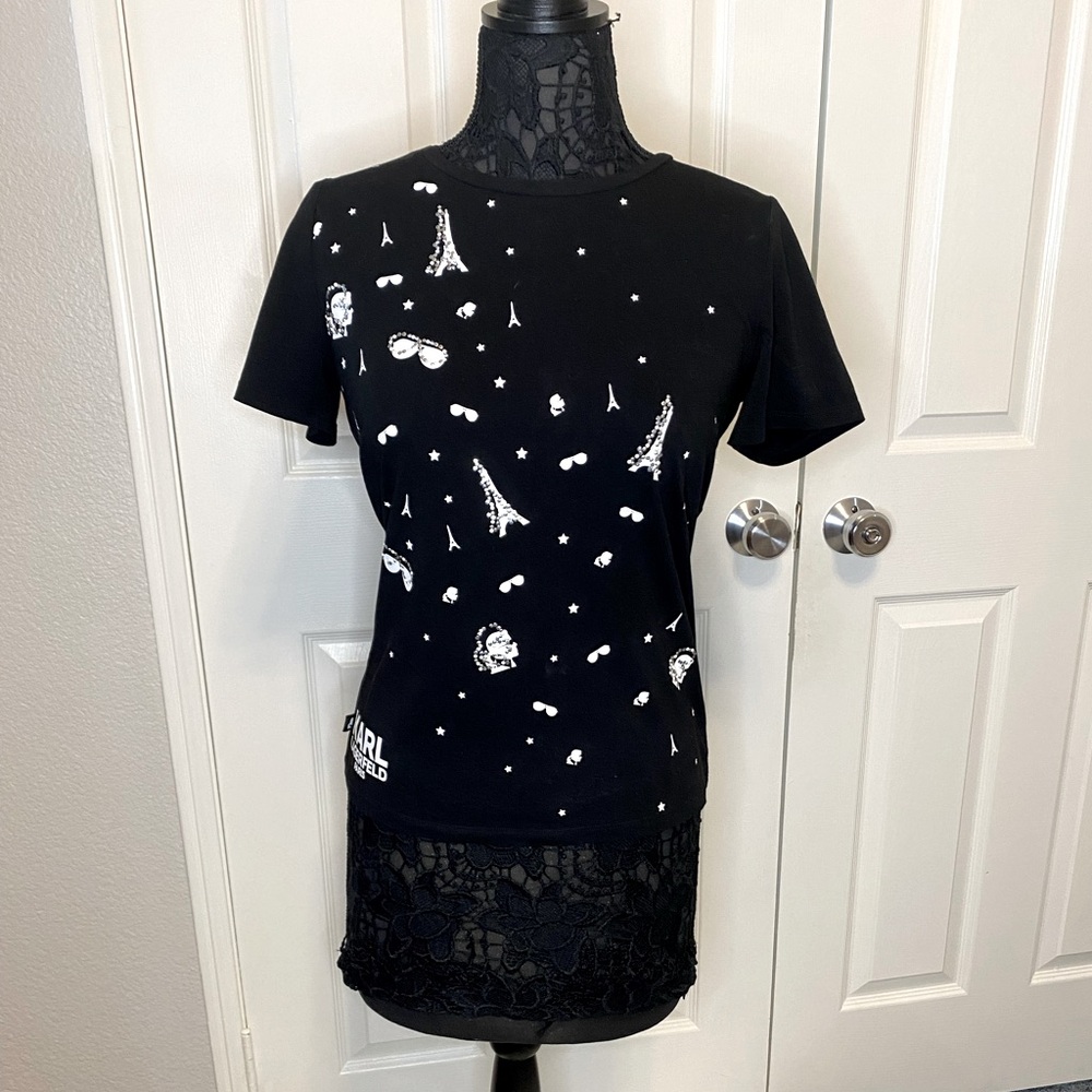 Karl Lagerfeld black Paris tshirt with silver embellishments. Size small
